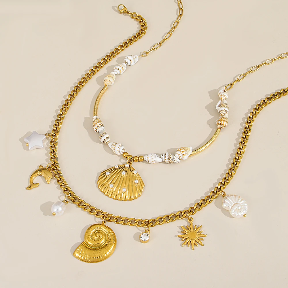 

DODOHAO Ocean Style Big Conch Starfish Pendant Necklace for Women Bohemia Stainless Steel Chain Necklace Summer Jewelry Gift