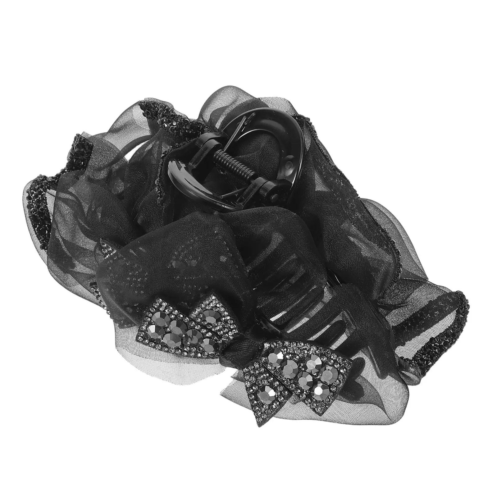 Vintage Tulle Bow Hair Claw Clip with Sparkling Rhinestones Non Slip Grip for Gothic Halloween Party Updo Chignon Bun Styling