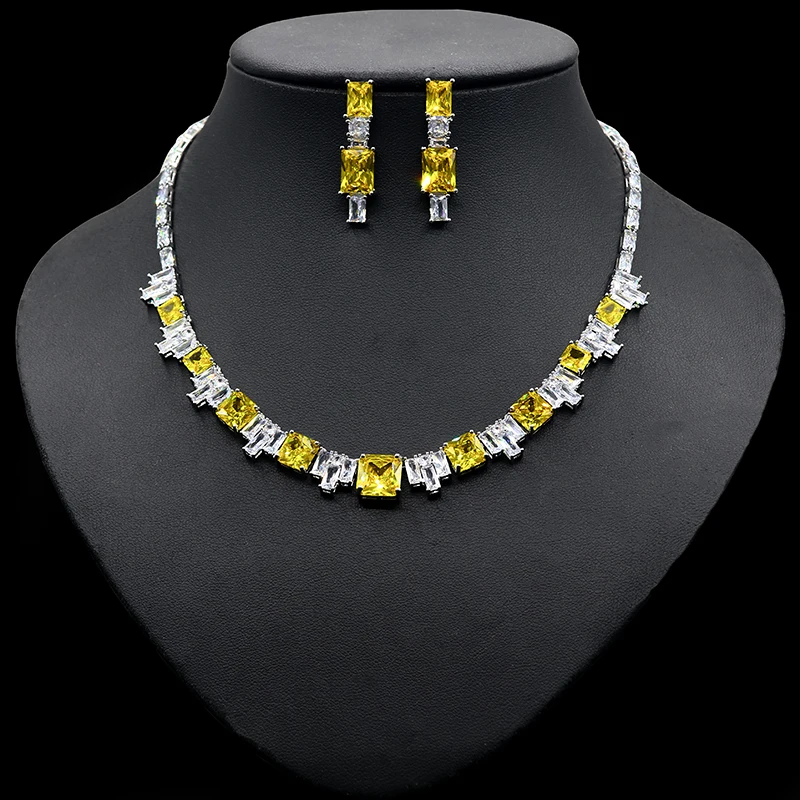 

HIBRIDE Gorgeous Square Shape Yellow Cubic Zircon Party Necklace Jewlery Sets for Women Wedding Bridal Costume Accessorie N-369