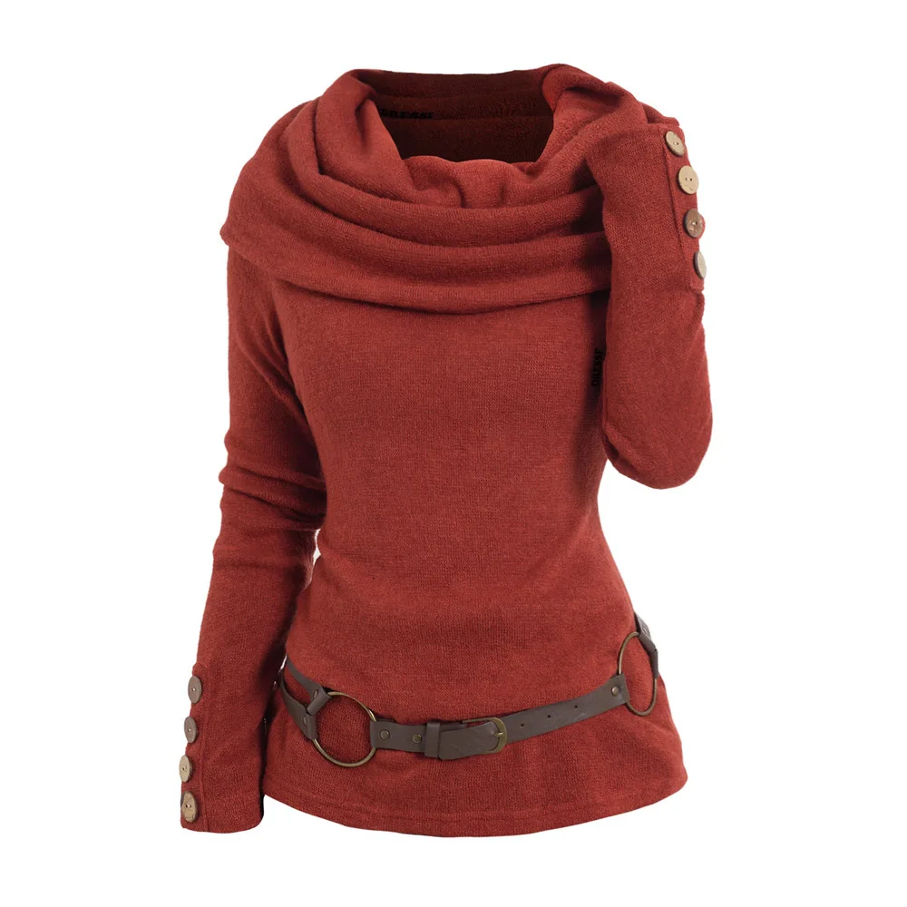 Casual Women Knit Top With Belt Knitwear Cowl Neck Belted Knit Tops Solid Color Foldover Knitted Tee