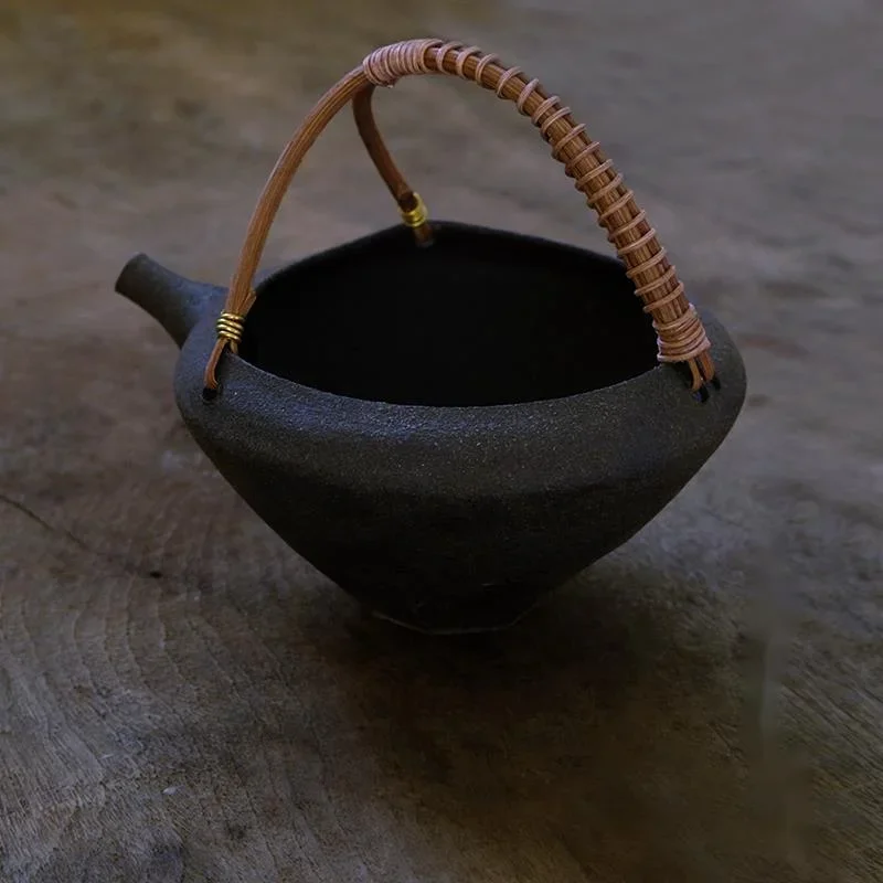 Vintage Handmade Japanese Coarse Pottery Vine Weaving Lifting Beam Cup Good Water Cut Large Mouth Piece Artistic Decor