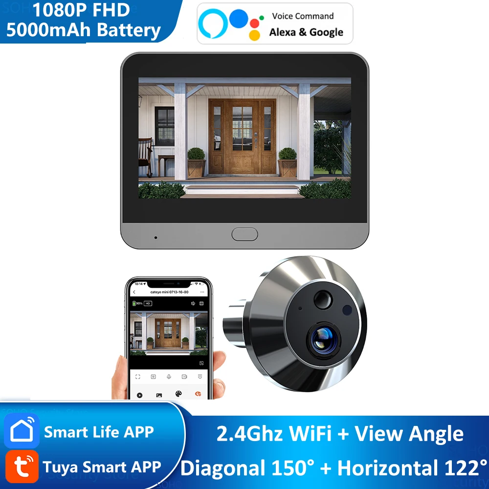 Tuya Smart 3MP 140° Wide View Angle Digital Peephole Eye Viewer WiFi IR PIR Detection No Red Exposure Door Camera Alexa Google