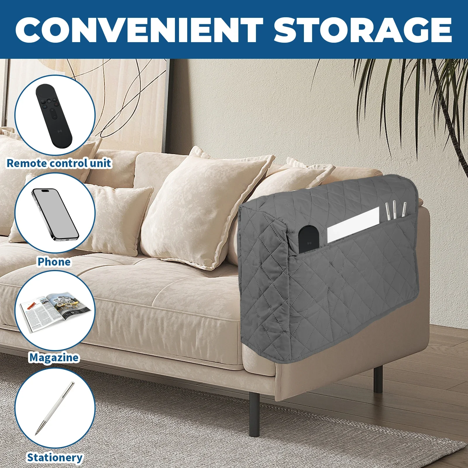2Pcs Waterproof Sofa Armrest Cover Multifunction Sofa Arm Furniture Protector with Side Pocket for Storing TV Remote Phone Items