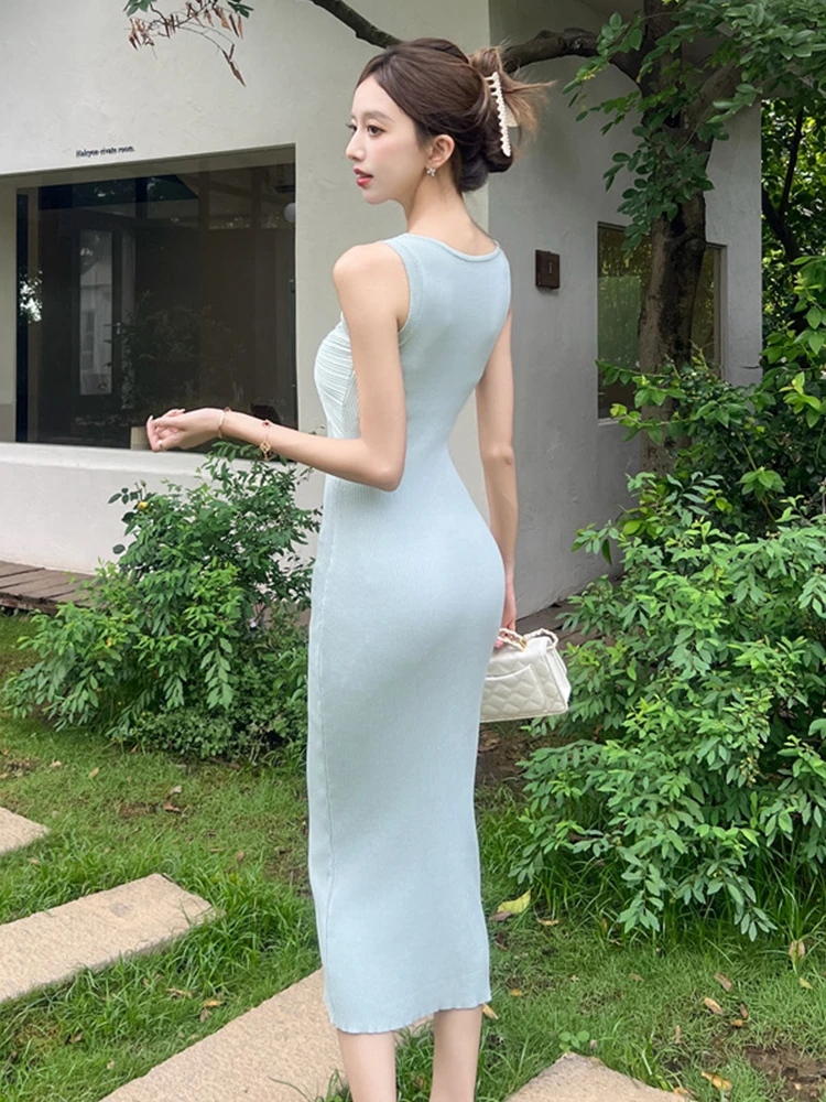 Seksowna sukienka na ramiączkach z kokardą, damska odzież uliczna, sweter, swobodna dzianinowa sukienka z wycięciami, obcisła, długa sukienka bodycon, elegancka sukienka damska, modne vestidos.