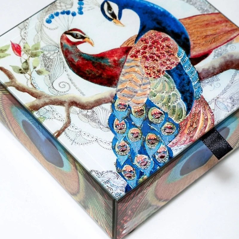 Elegant Painted Glass Jewelry Case Unique Glass Jewelry Chest Spacious Paintings Container for Earrings Bracelets