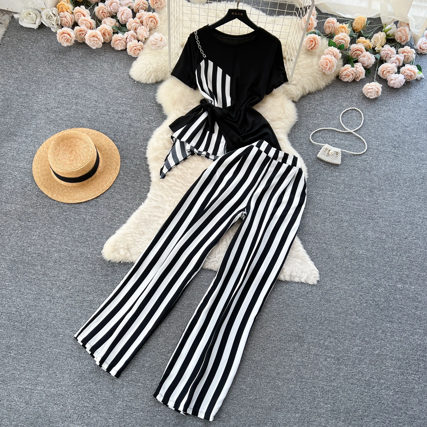 Summer Autumn Two-piece Pants Casual Set For Women's Fashion Splicing Short Sleeved Top+High Waisted Striped Pants Two-piece Set