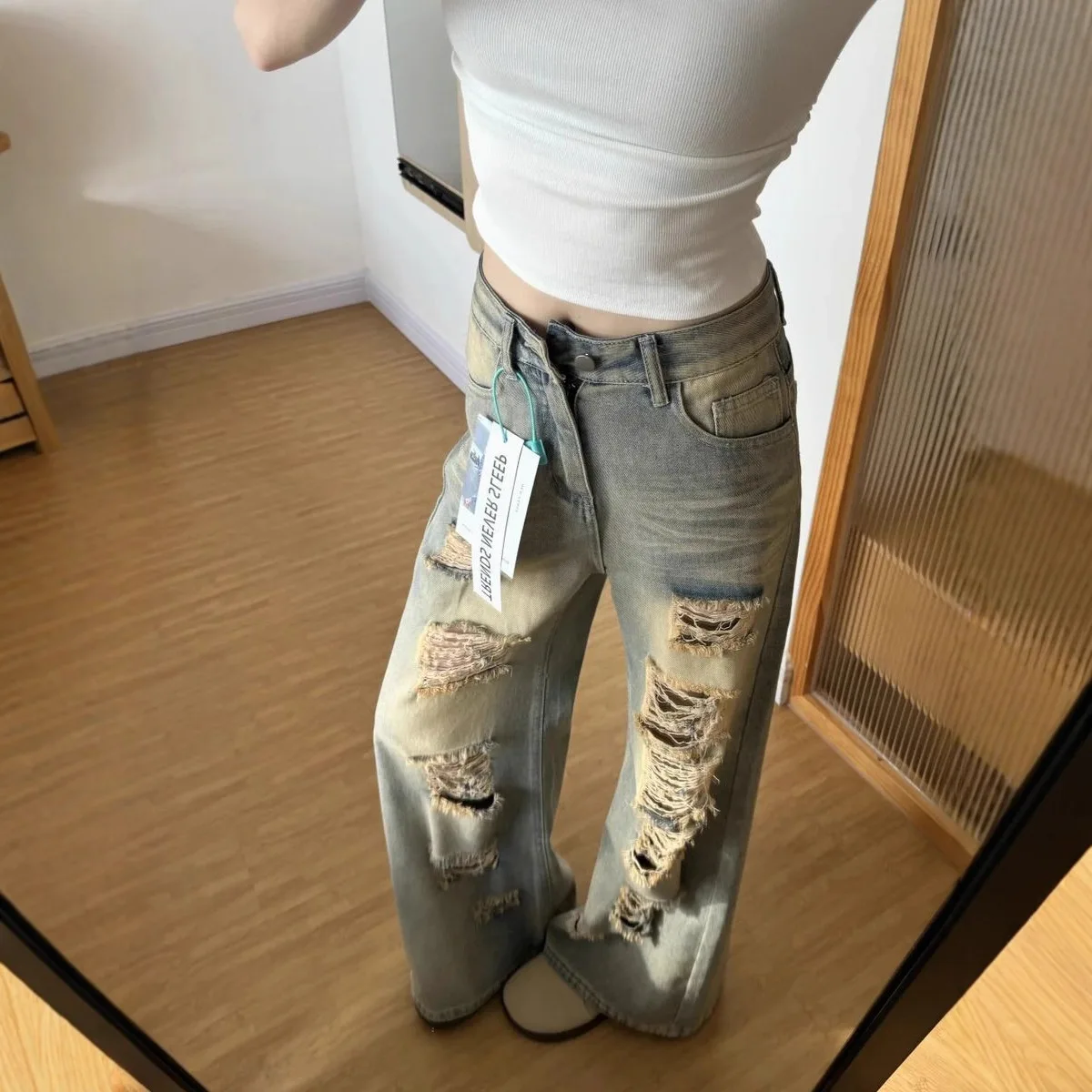 Women Vintage Washed Ripped Micro Flare Denim Pants High Rise Loose Fit Slimming Straight Floor Sweeping Long Jeans Ins Fashion