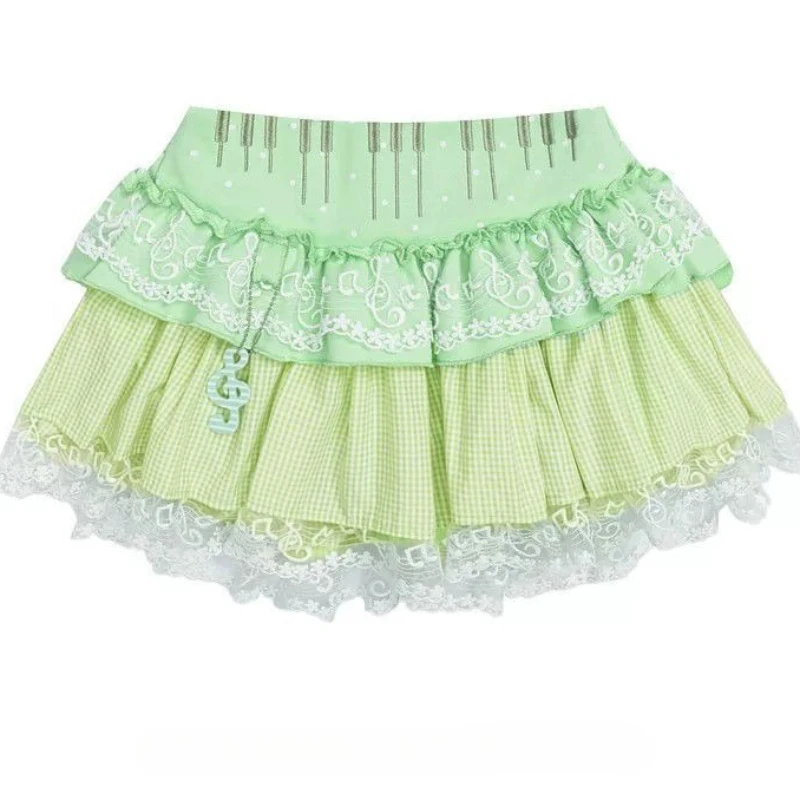 

Korean Fashion Vintage High-waist Lace Patchwork Short Skirt Women Designer Kawaii Sweet Y2k Spicy Girls Plaid Cake Skirts New