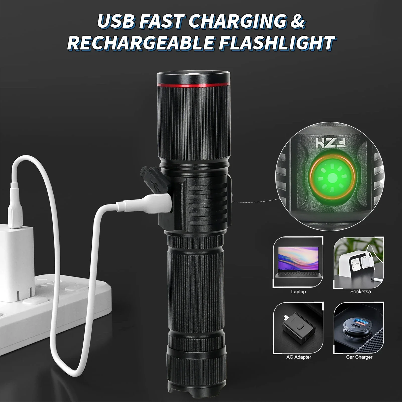 Super Bright LED Flashlight 2000LM Powerful Tactical Torch USB Rechargeable Zoom Camping Fishing Lantern 18650 or 21700 Battery