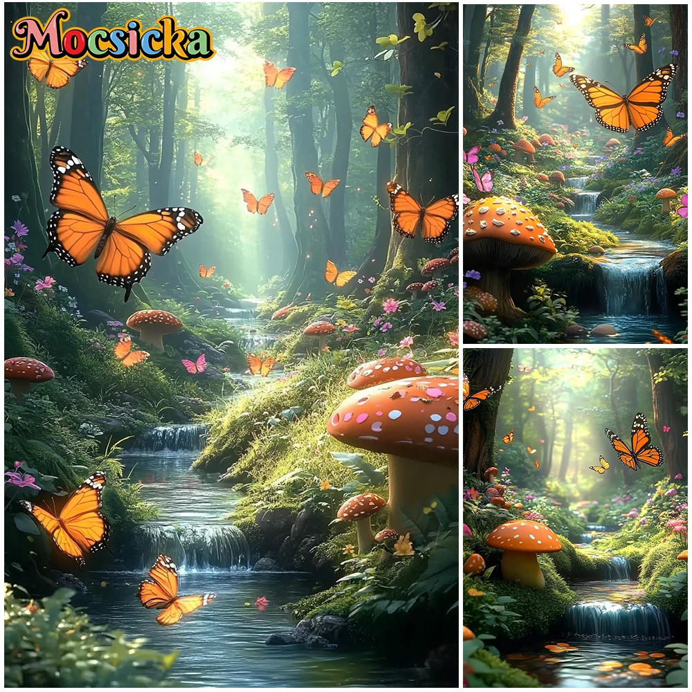

Mocsicka Spring Photography Backdrop Kid Birthday Party Photo Background Forest Mushroom Butterfly Creek Pattern Decor Wallpaper