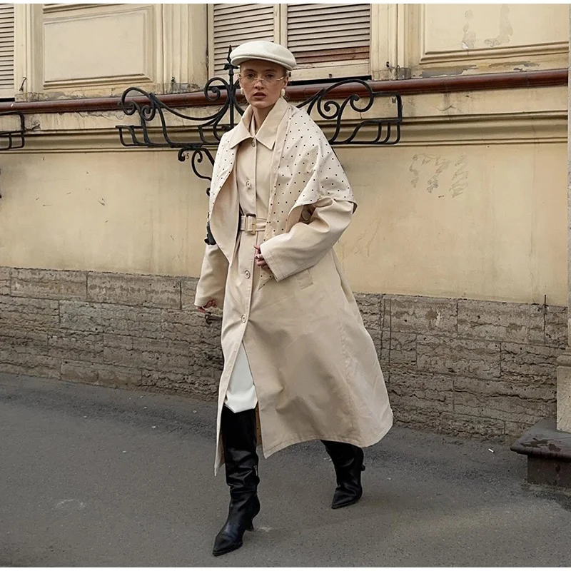 Solider Trenchcoat mit gepunktetem Futter, doppelseitiger Cape-Jacke mit Gürtel, tailliert, mit Knöpfen, Herbst 2026, Damenmode, Streetwear-Jacke – Detail 8