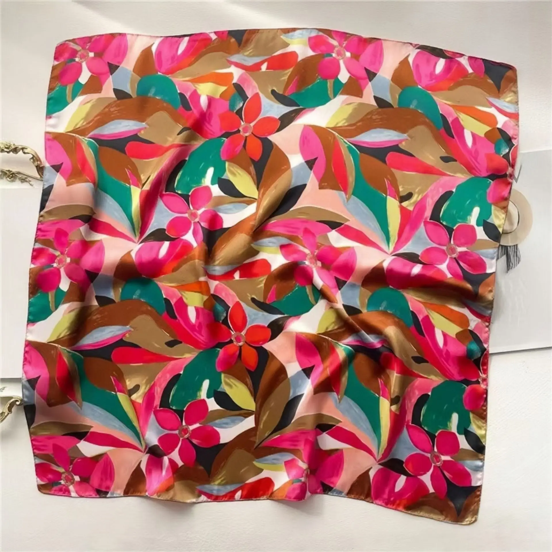 Spring/Summer Colorful Graffiti Bandana Flower Leaf 70*70cm Square Scarf Women New Soft Satin Travel Sunscreen Shawl