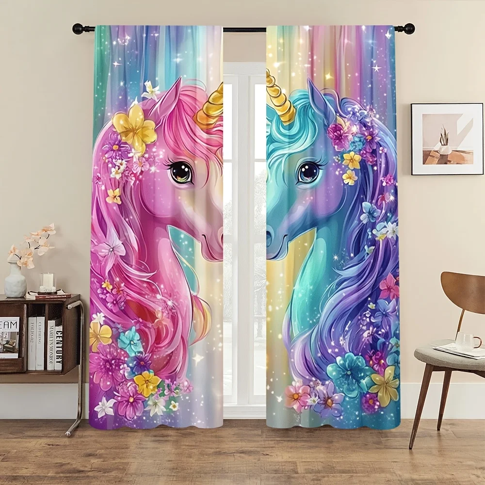 Vibrant Unicorn Floral Curtain Panels for Nursery Kids Room Boho Dreamy Aesthetic Window Dressing