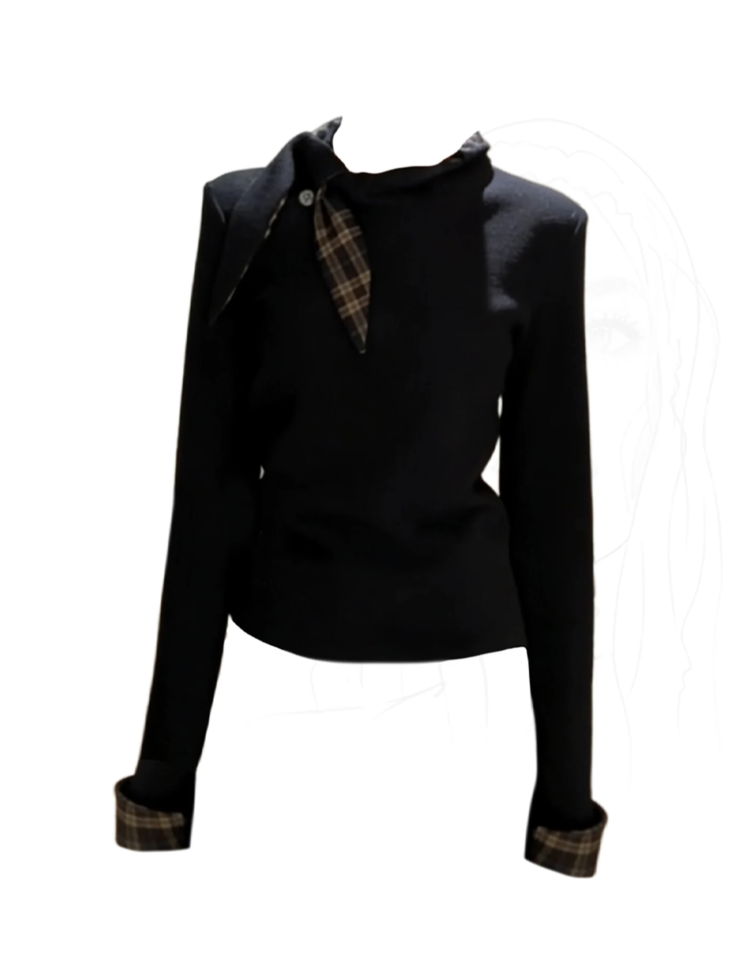 

Women Black Gothic Emo O-Neck T-shirt Y2k Gyaru Plaid Patchwork Tee Top 2000s Vintage Long Sleeve Oversize T-shirts Clothes 2025