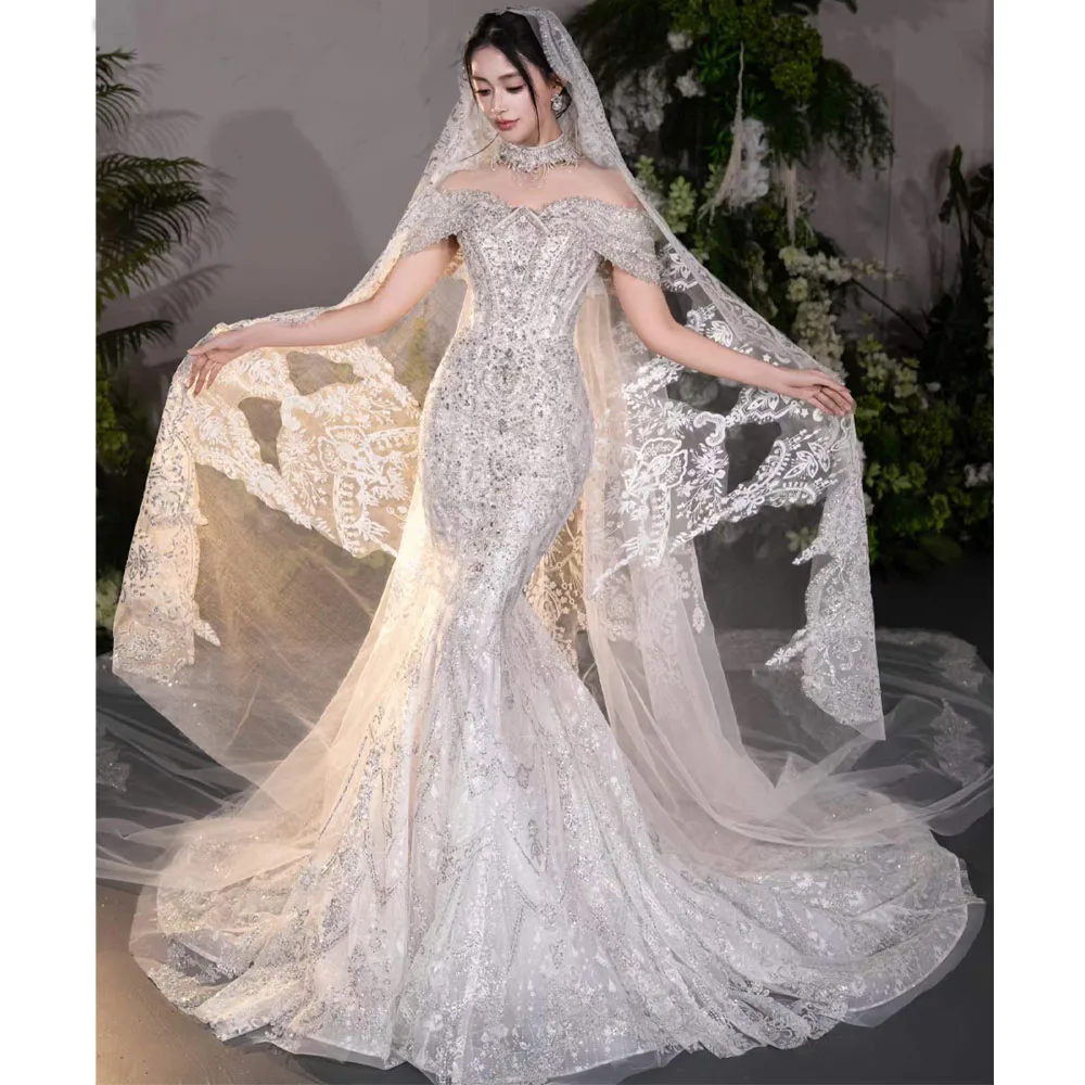 

Luxury Off-The-Shoulder Wedding Dress Crystal Sequined Embroidery Sweetheart Sheath Fit Customizable Mermaid Gown