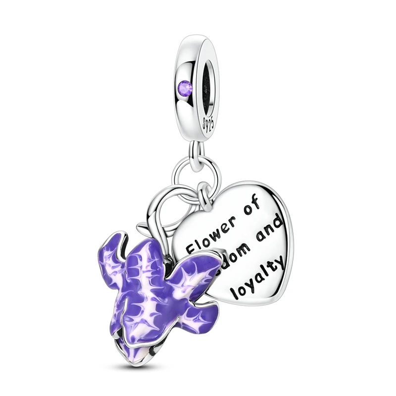 925 Sterling Silver Purple Iris Flower Dangle Charm Bead Floral With Engraved Heart Tag Pendant Fit DIY Bracelet Jewelry Gift