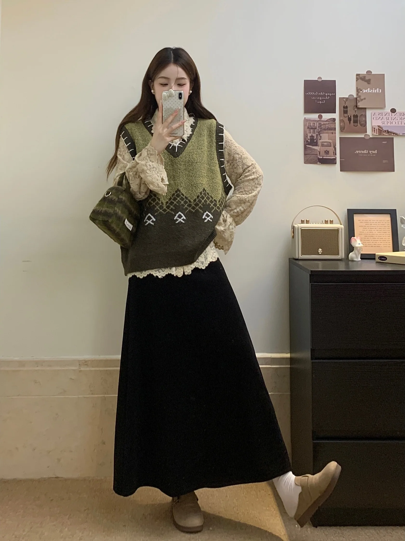 

plus Size Autumn Winter Sweater Vest Japanese Style High Waist Skirt Set Women's Fashion Casual Wear Comfortable Long Sl...