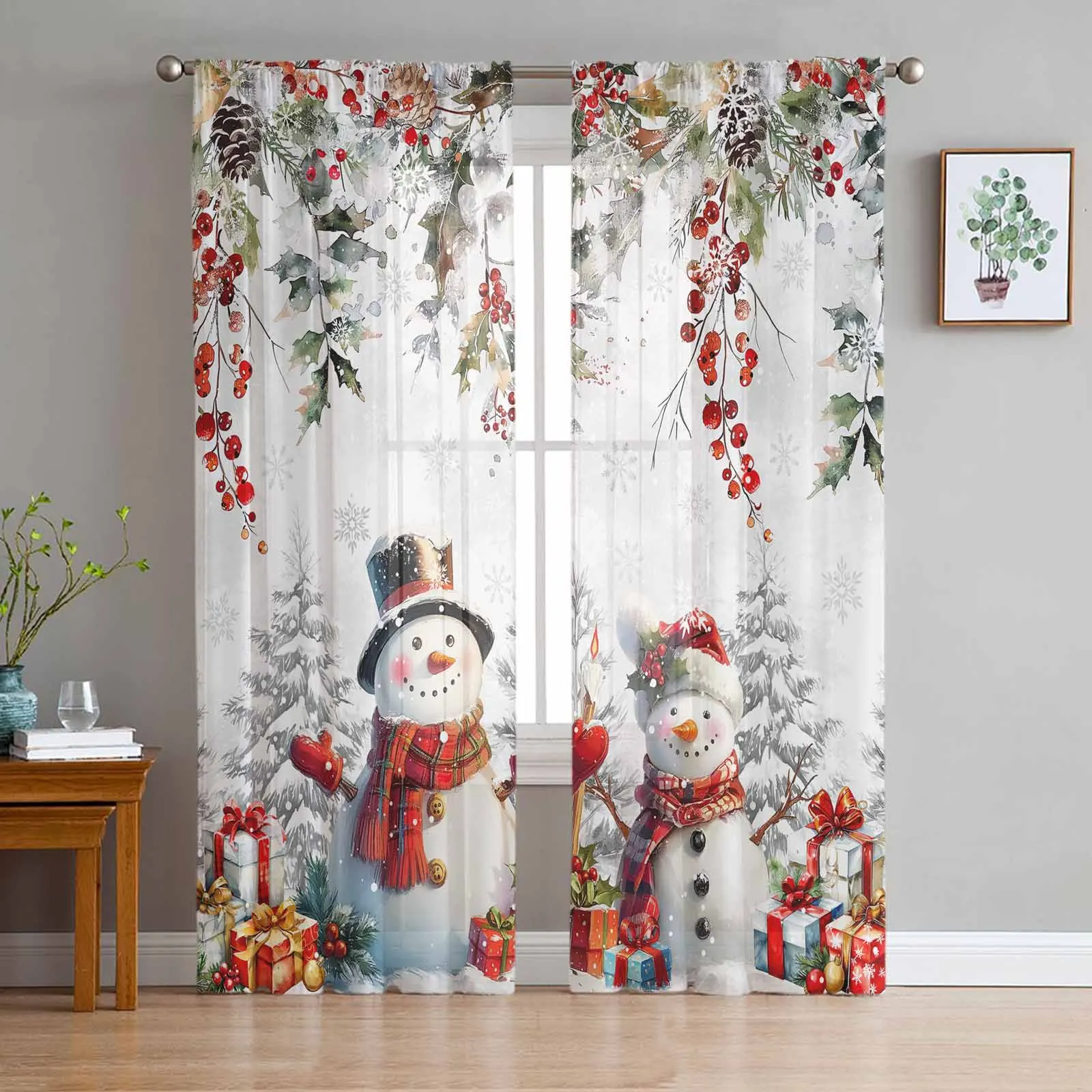 

Christmas Snowman Snowflake Tulle Curtains for Living Room Decoration Modern Chiffon Sheer Voile Christmas Curtains