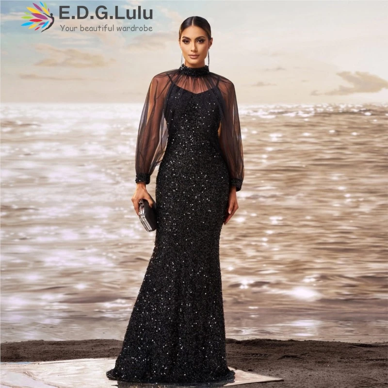 EDGLuLu Round Neck See Through Mesh Patchwork Black Sequins Birthday Dress Woman Long Floor Length Party Evening Dress 1214