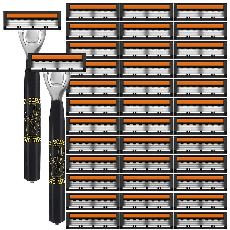 Men's Three-layer Manual Shaver, Safe Razor, Set with Black and Gray Handle 3/6/12 /36Replacement Heads