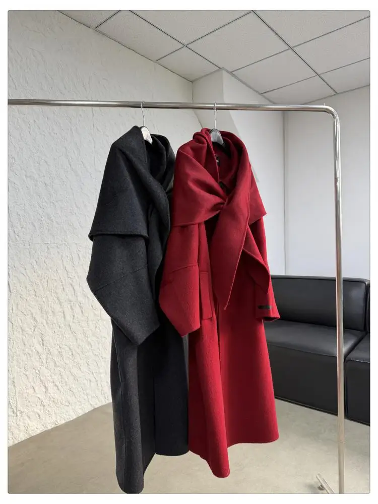 Giacche lunghe di lana da donna rosse natalizie 2025 Inverno con sciarpa Cappotti di lana 100% da donna larghi X-Long con un bottone