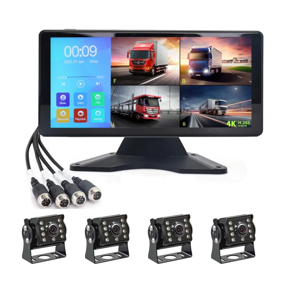 4K Backup Camera 4CH with 10.36" Quad Split Touch Screen AHD Front Rear Sides View Camera W/DVR   for RV Semi Trailer Truck Van