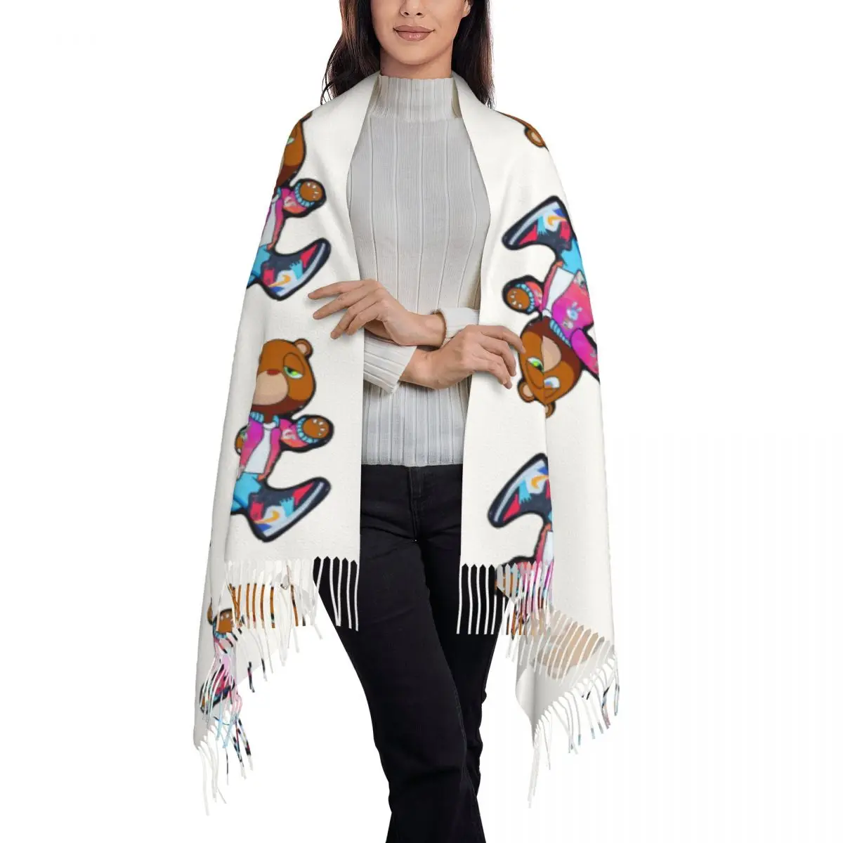 Kanye West Dropout Bear Chicago Vintage Graduation Scarf Tassel Scarves for Women Soft Warm Shawls and Wraps Winter Shawl Wrap