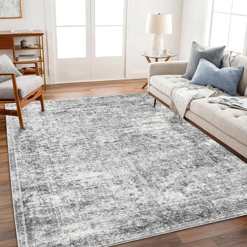 5x7 Washable Area Rug Gray Vintage Traditional Floor Cover Foldable Thin Kitchen Accent Indoor Distressed Non Slip Carpet Floral