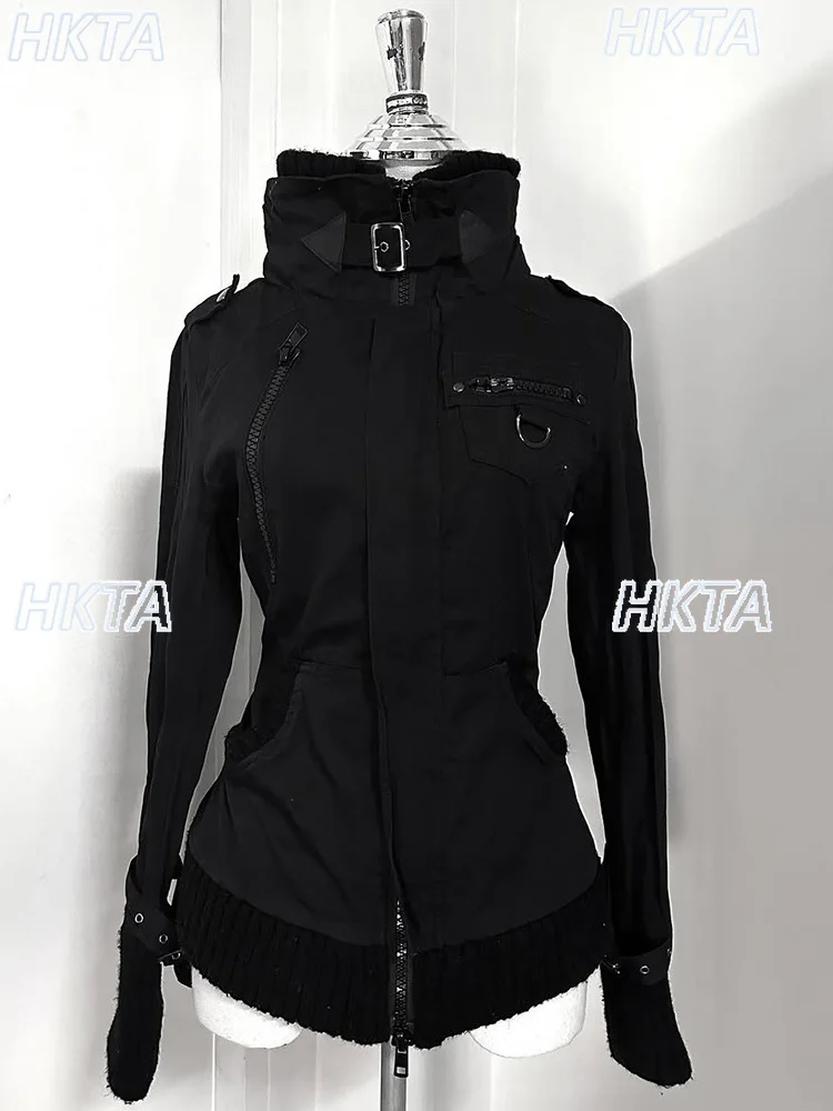 Dark Goth Y2k Retro Stand Up Collar Long Sleeved Waist Coats 2025 Autumn Winter New Slim Versatile Fashion Black Jacket Women