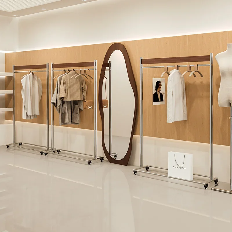 Medieval clothing store floor-to-ceiling display rack, movable stainless steel live stream hanger, buyer's store display rack