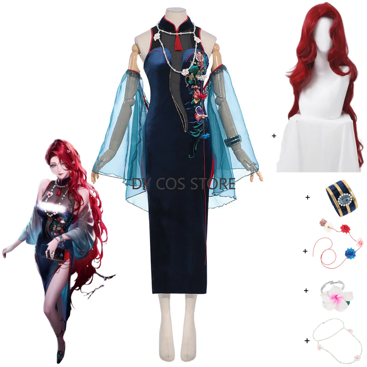 

Game Path To Nowhere Cabernet Cosplay Costume Chinese Style Cheongsam Dress Red Wig Woman Sexy Traditional Festival Suit
