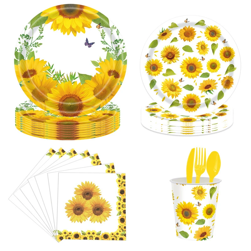 Sunflower Theme Birthday Party Disposable Tableware  Butterfly Green Leaf Spring Travel Supplies Wedding Baby Shower Decoration