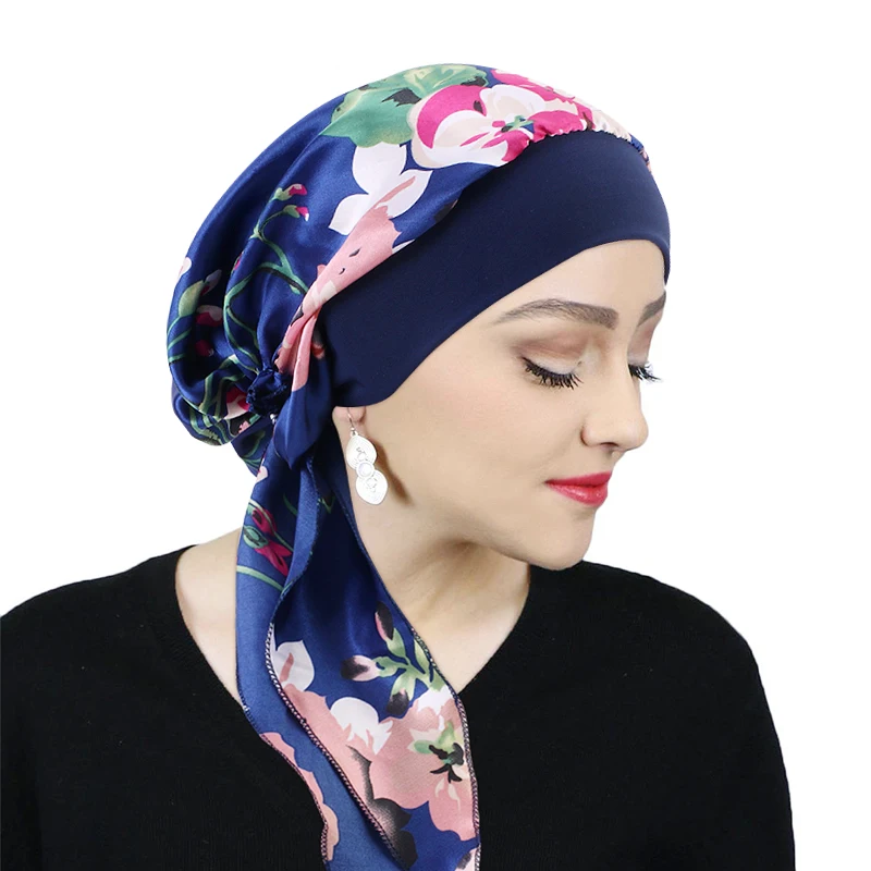 Women Pre-Tied Satin Turban Muslim Inner Hijabs Cancer Chemo Caps Headscarf Hair Loss Headwrap Bandana Elastic Hair Accessories