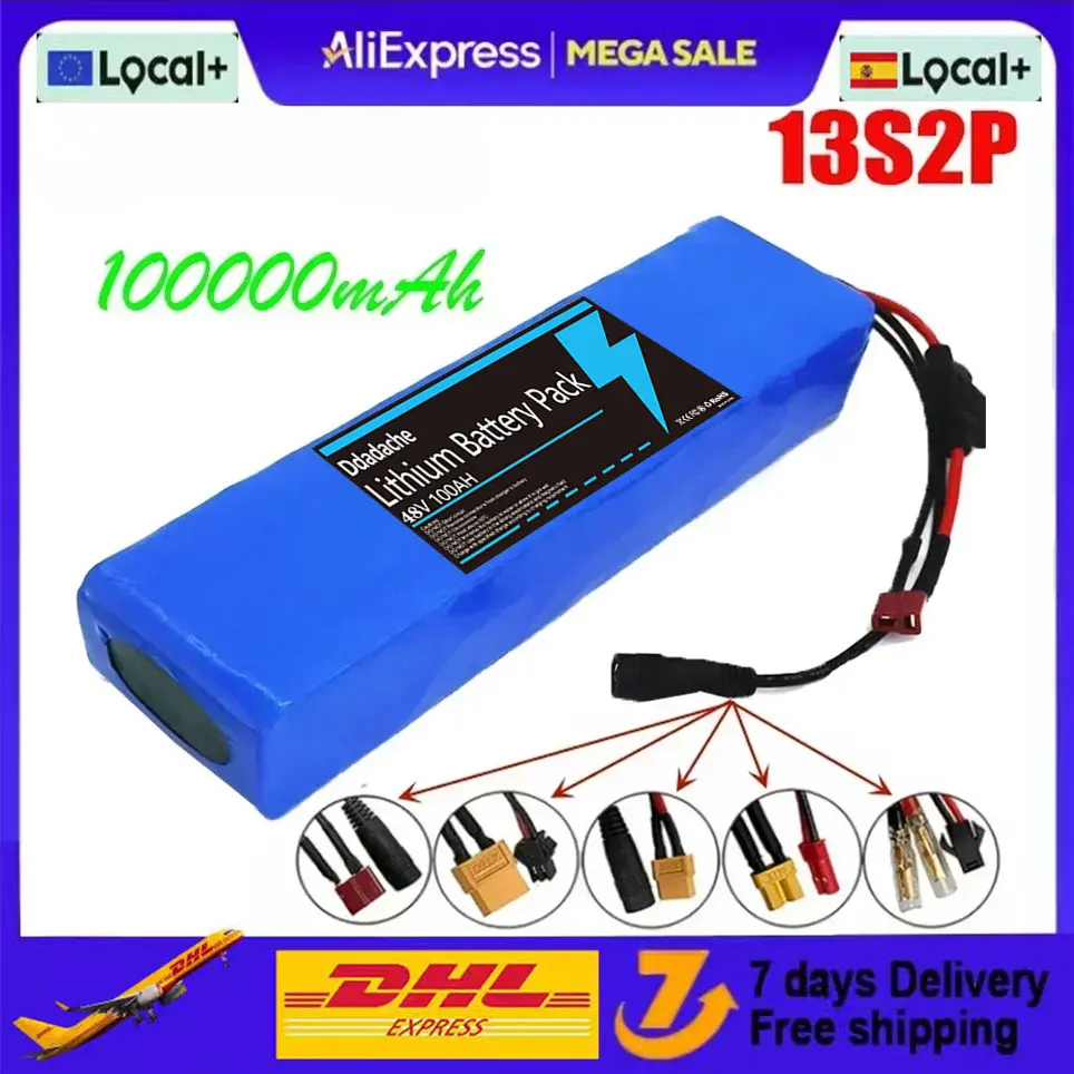 13S2P 48V 100000mAh 100Ah Lithium-Ionen-Akkupack mit 250W 350W 500W 750W 1000W BMS und einem kostenlosen 54,6V-Ladegerät