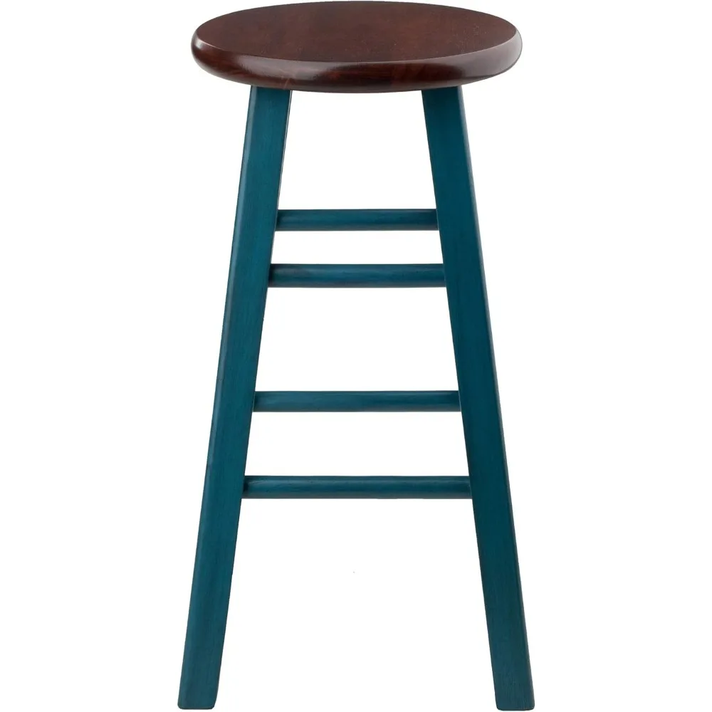 Stołek z rustykalnego drewna w kolorze turkusowym z wykończeniem antycznym - solidne kwadratowe nogi, gładkie okrągłe siedzisko do dekoracji wnętrz