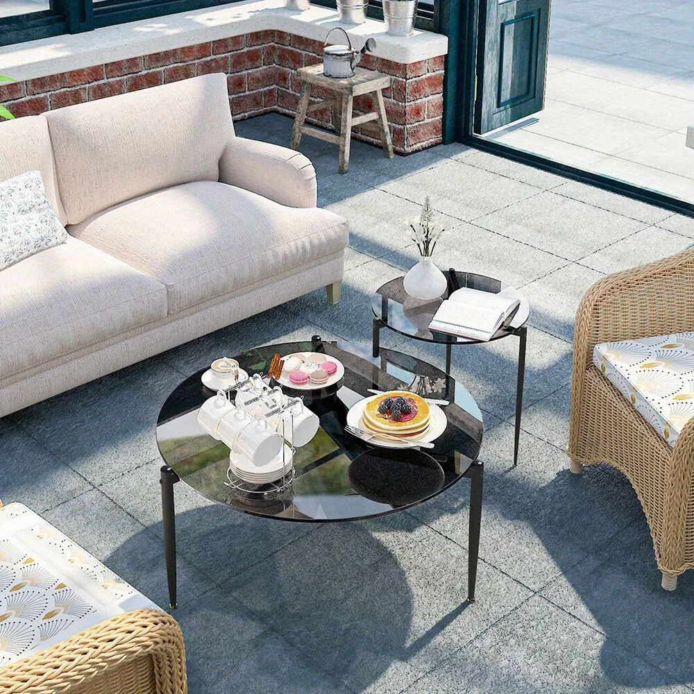 Mid Century Round Glass Coffee Table Center Table w/ Chic Clean Line Metal Legs