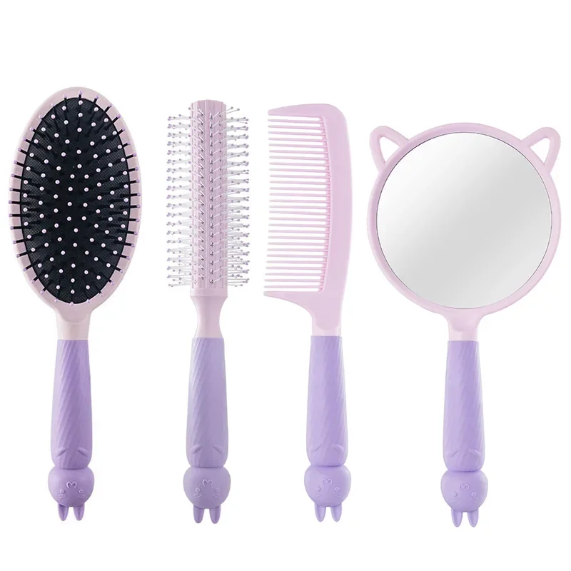 4pcs/Set Portable Cute Rabbit Air Cushion Comb Mirror Set Anti Static Airbag Comb and Mirror Home Hair Styling Tools for Ladies