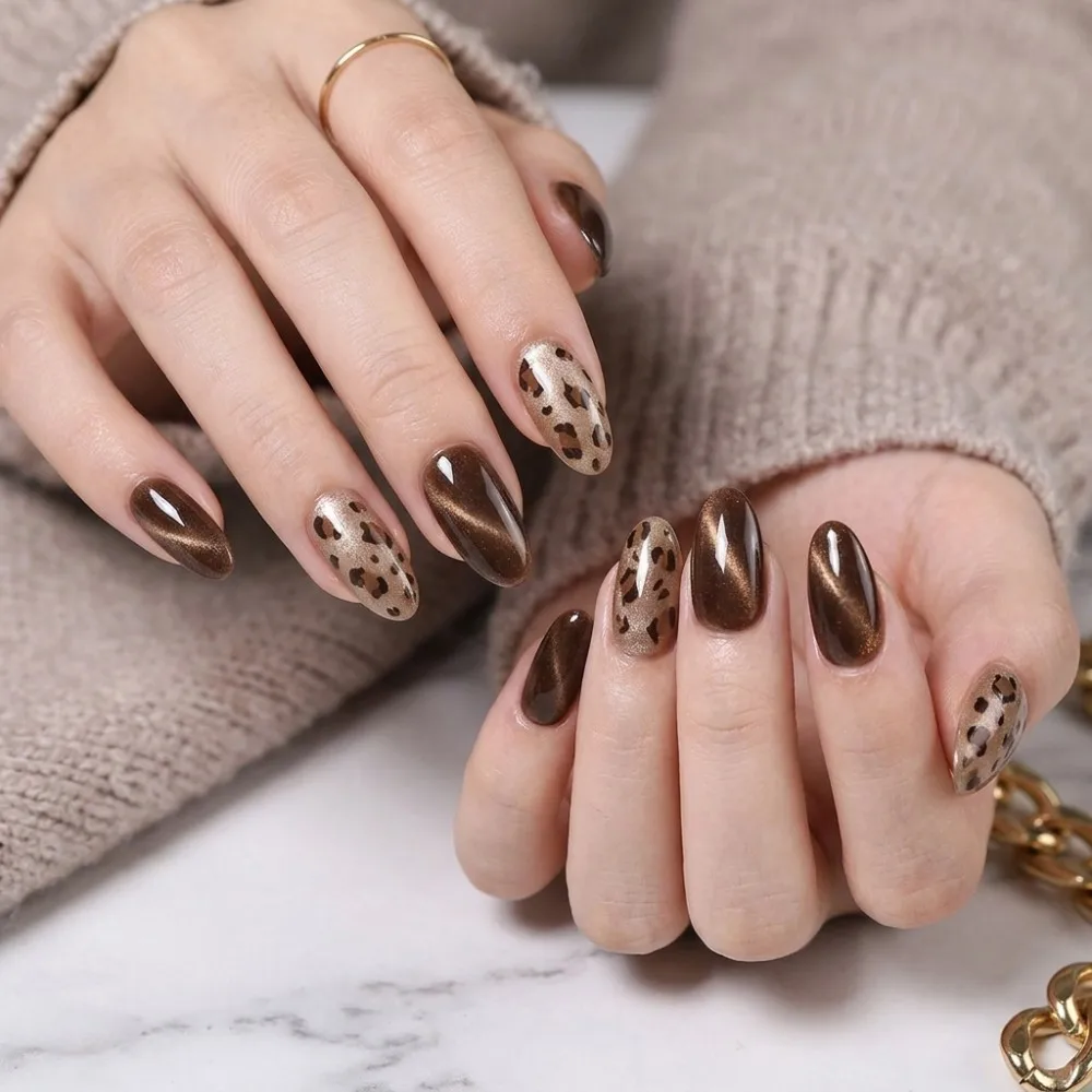 24PCS Brown Cat Eye Press On Nails Leopard Pattern False Nails Vintage Glossy Almond Luxury Autumn Winter Fake Nails Women