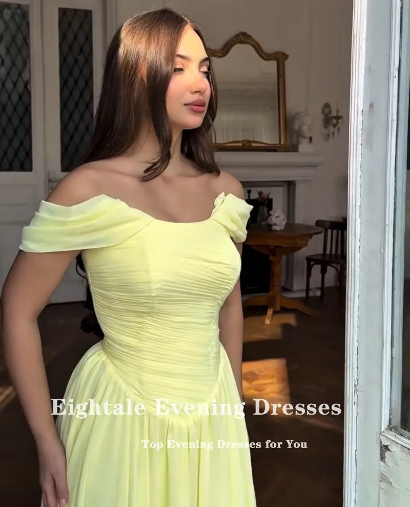 فستان سهرة عربي Eightale بطيات مغرفة مخصصة على شكل حرف A أصفر بطول الأرض بدون أكتاف مثير لحفلات الزفاف وحفلات الزفاف