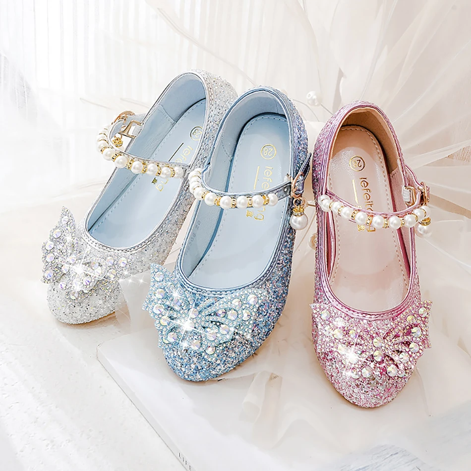 

Princess Girls High Heels New 2023 Children With Blue Dance Single Girl Crystal Shoes Bowknot Rhinestone Beaded Leather Shoes