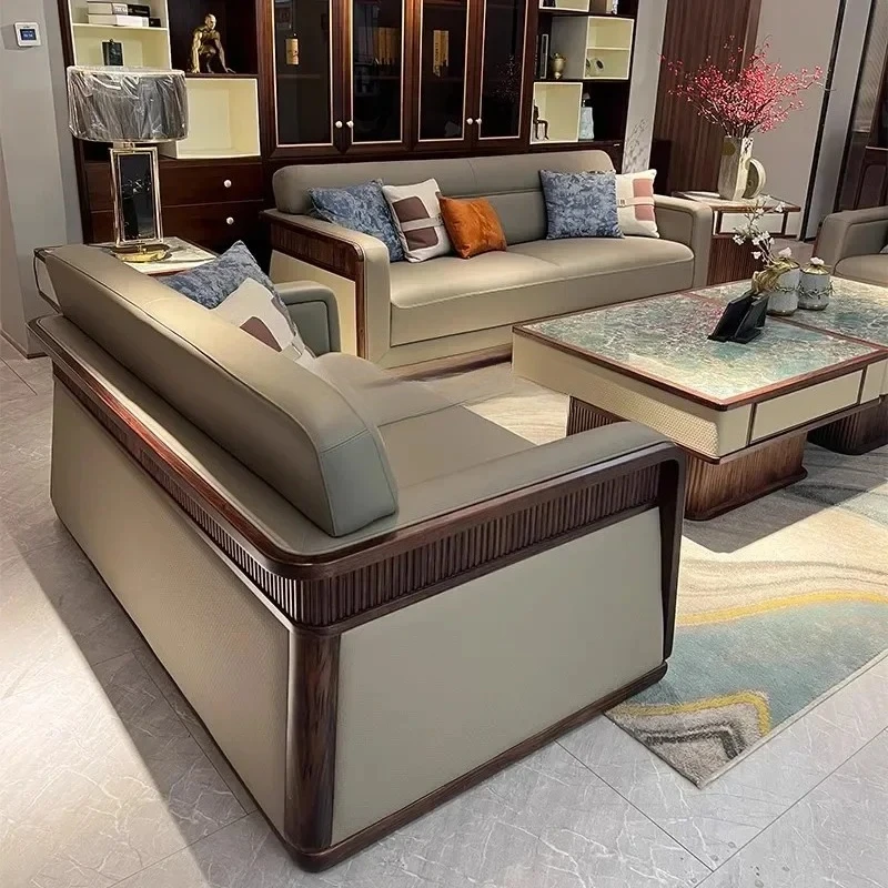 BBNew Chinese-style North American black walnut sofa, modern living room, ebony solid wood leather sofa