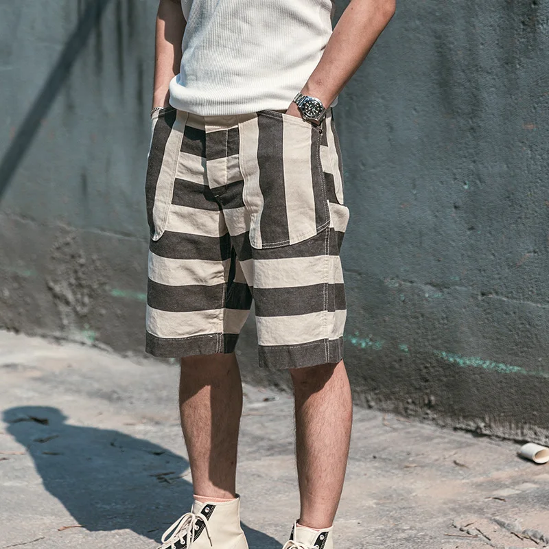 Heavyweight Black White Striped Prisoner Shorts Retro Loose Casual Cargo Pants Outdoor Hiking Tooling Overalls Climbing Fitness