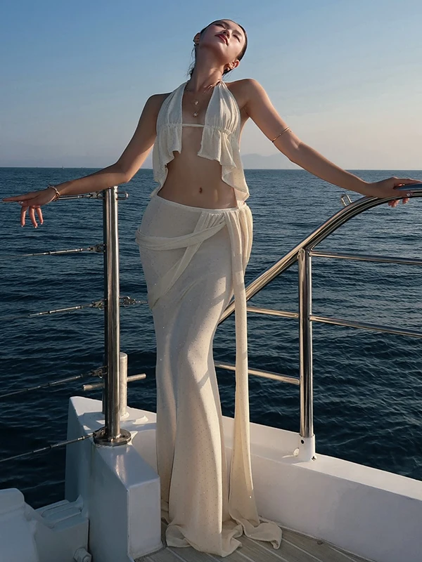 Weird Puss Faion Cruise Par, chaleco colgante con estampado de lunares, falda ajustada para mujer, conjunto Sexy, trajes de verano para mujer