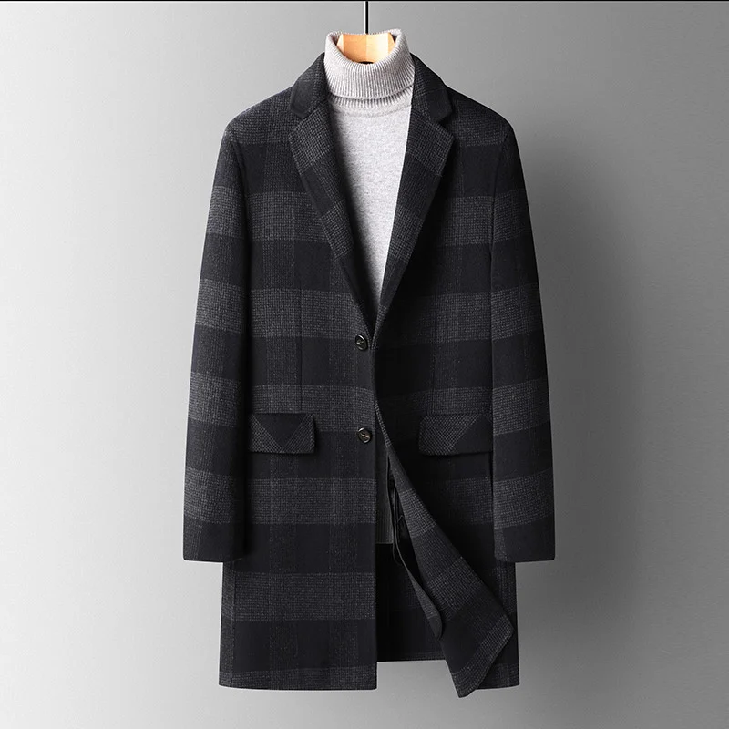 wool Men's coat with detachable down liner long white duck down plaid windbreaker double-faced tweed coat