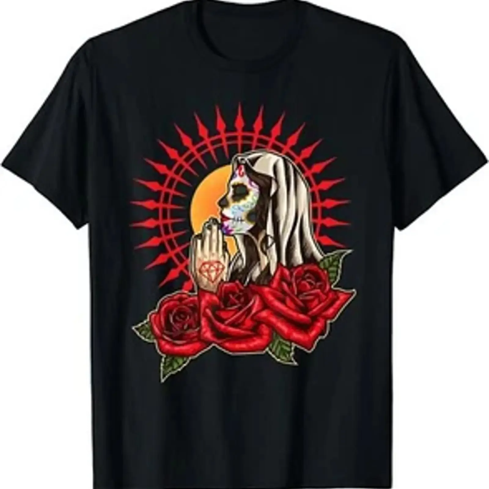 Nova Camiseta Limitada Praying La Calavera Catrina Sugar Skull Santa Muerte, estilo vintage lavado, roupa de designer, confortável.