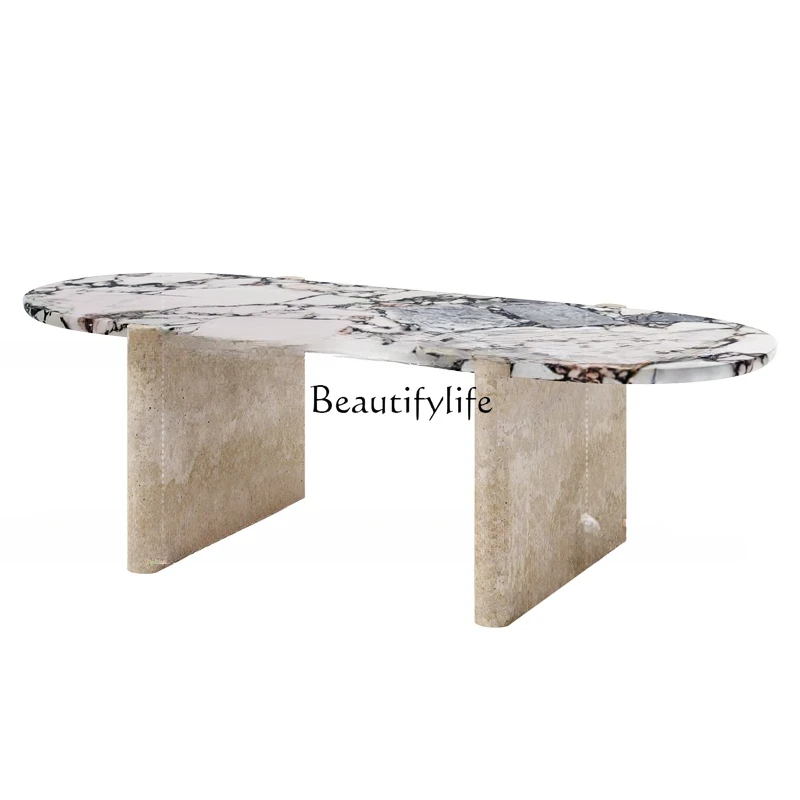 Natural Marble Ellipse Dining Table Misty Style Mid-Ancient Minimalist Modern Minimalist Bed & Breakfast Dining Table