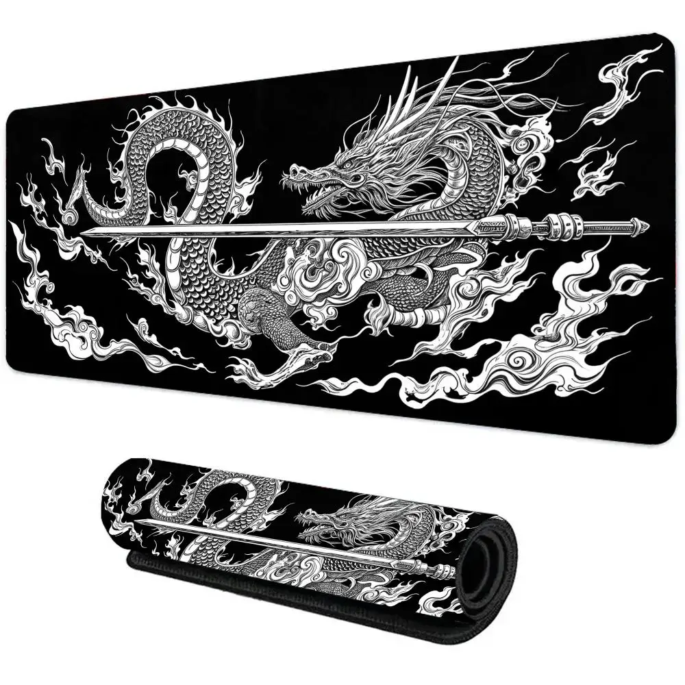 

Large Chinese Dragon sword mouse pad black rectangular table mat dirt-resistant wear-resistant edge-locked keyboard pads XXL