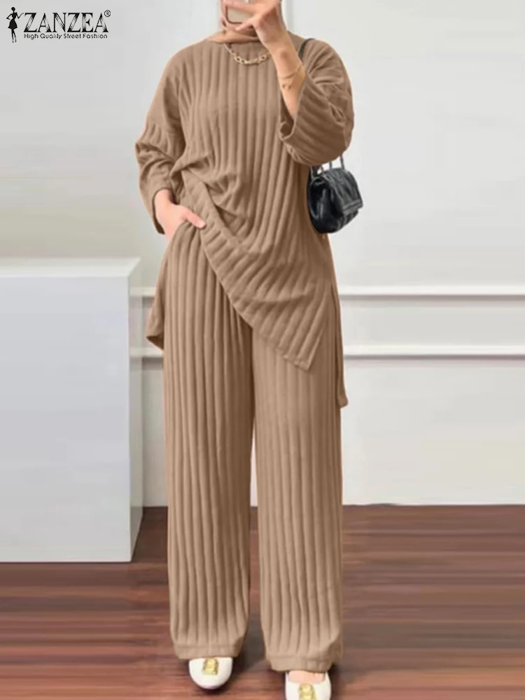 Fashion Autumn Tracksuits Women Muslim Sets Long Sleeve Blouse &Wide Leg Pants ZANZEA Casual Matching Sets Dubai Turkey Outfits