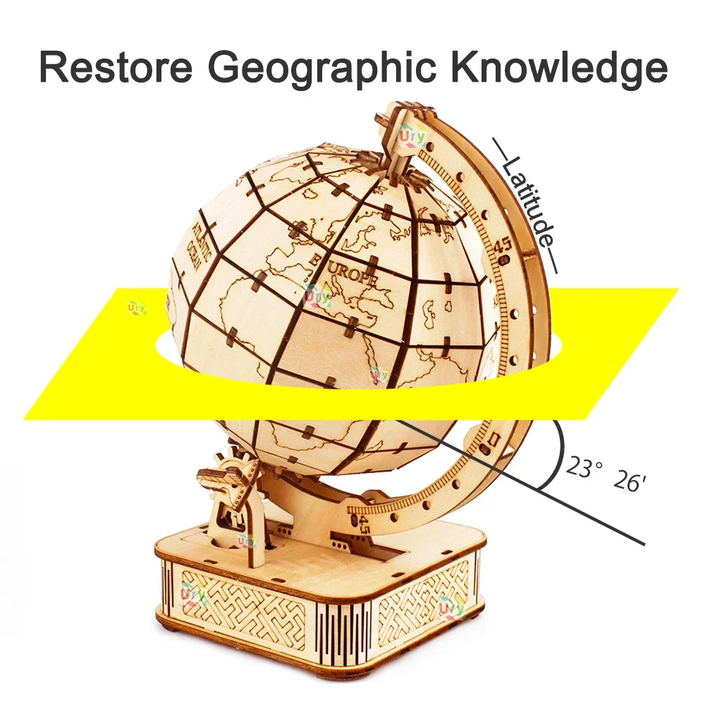 3D ury โมเดลลูกโลกไม้แบบหมุนได้ชุดเครื่องมือกลการสร้าง mainan balok ประกอบมือของขวัญตกแต่งสำหรับเด็กผู้ใหญ่