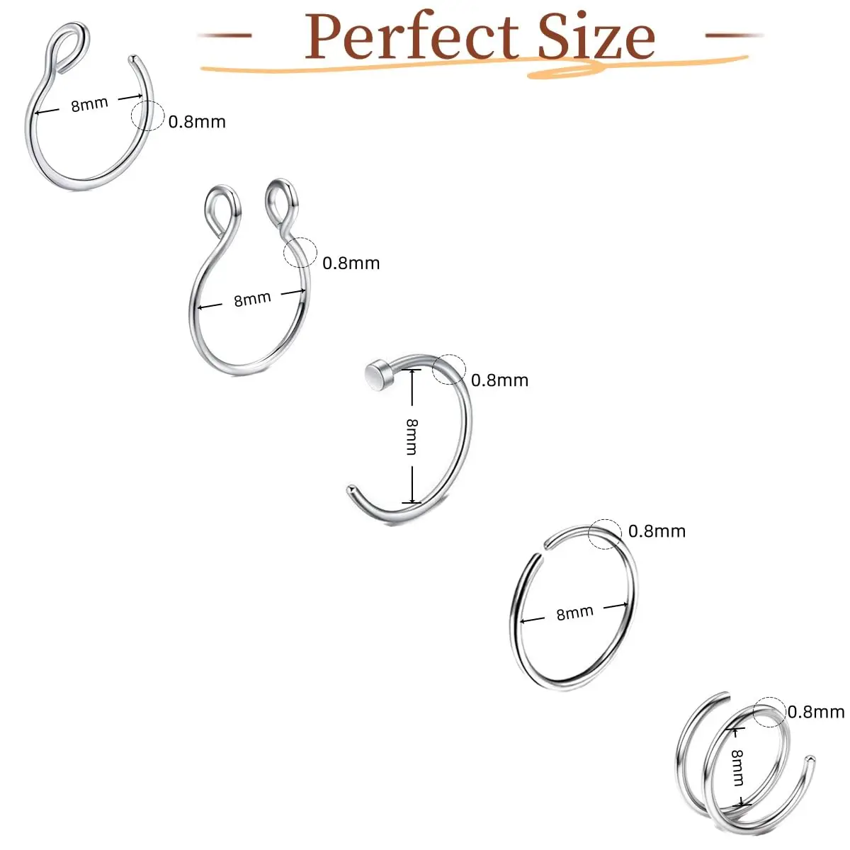 5/25PCS Fake Nose Rings Hoop 20G 8mm Clip On Non-Piercing Set for Women Men 316L Stainless Steel Septum Lip Hoop Jewelry Silvery